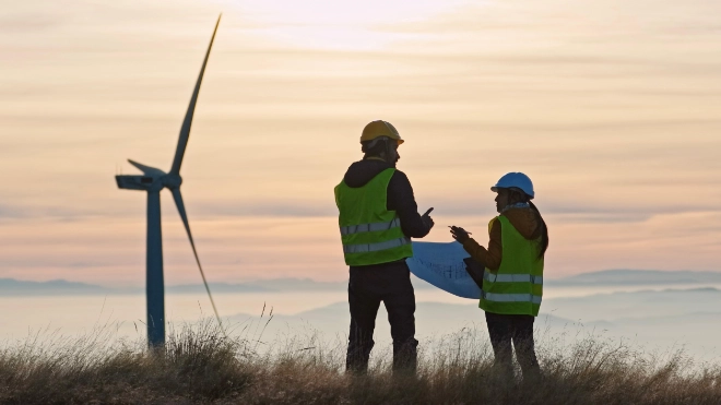 Two wind turbine engineers at sunset