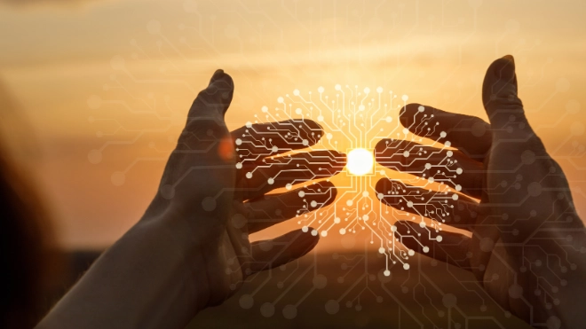 Hands technology sunset