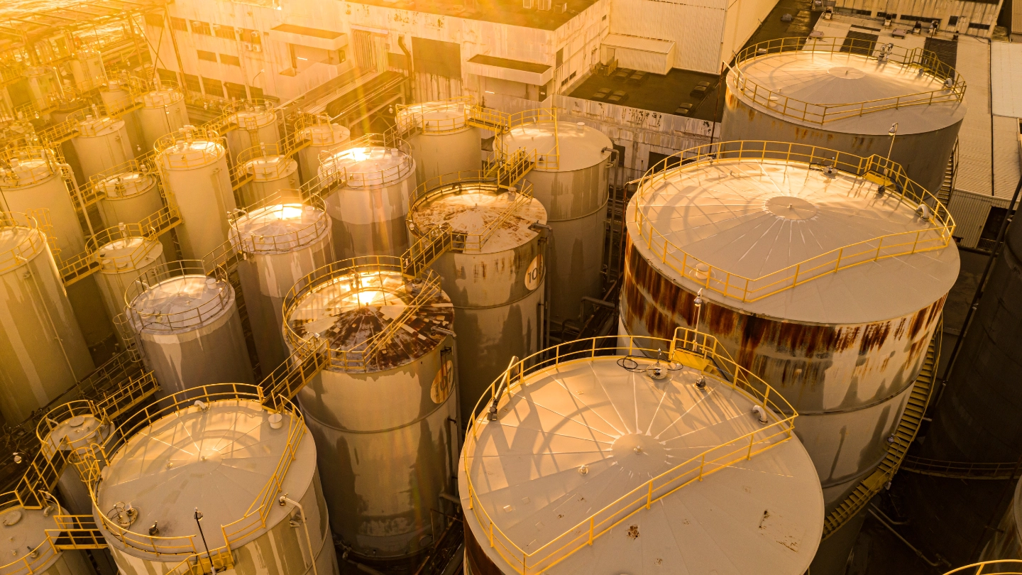 Chemical storage plant in the evening sunlight image